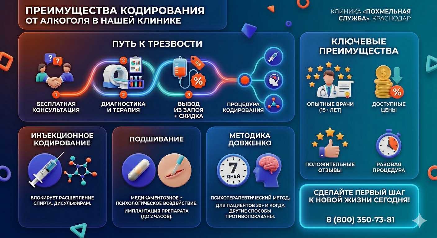 Инфографика о методах кодирования от алкоголя в ЗелАО Москвы: инъекции, подшивание, метод Довженко. Преимущества клиники и этапы лечения.
